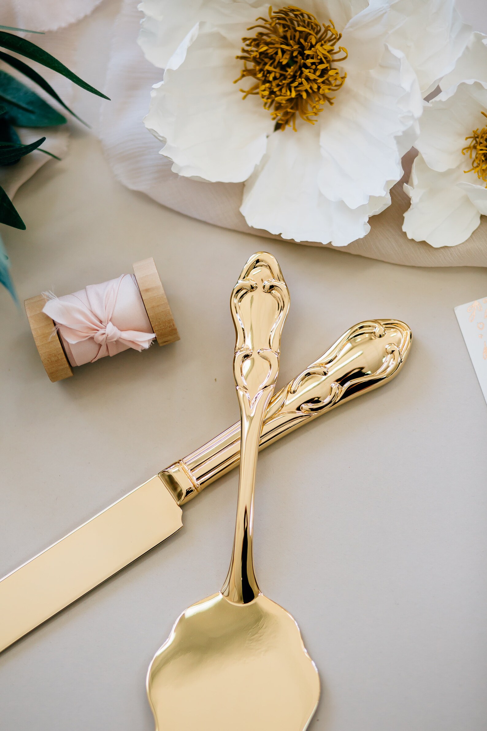 Personalized Gold Wedding Cake Knife and Server Set 2pc Custom Engraved