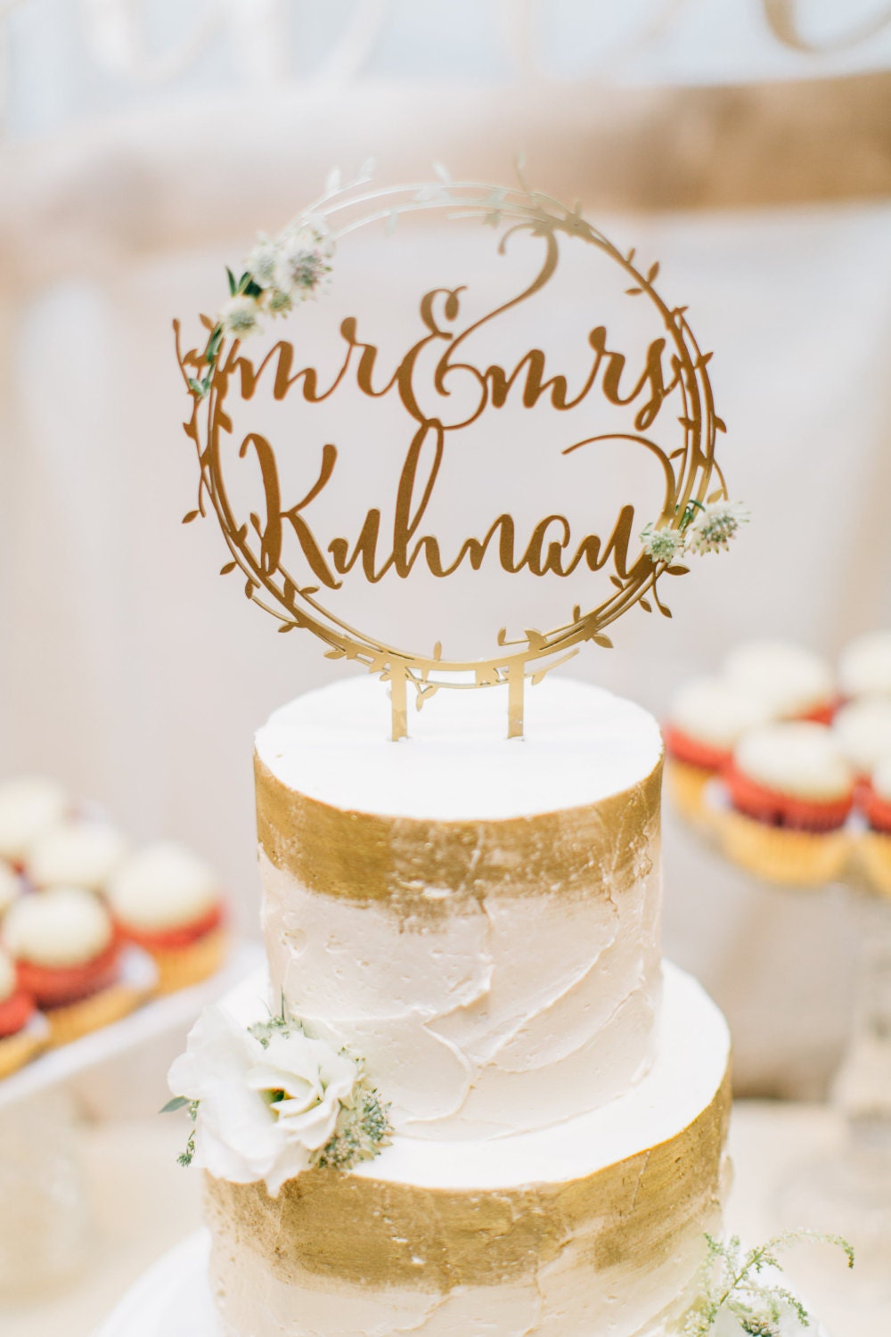 Personalized Mr & Mrs Rustic Gold Wreath Wedding Cake