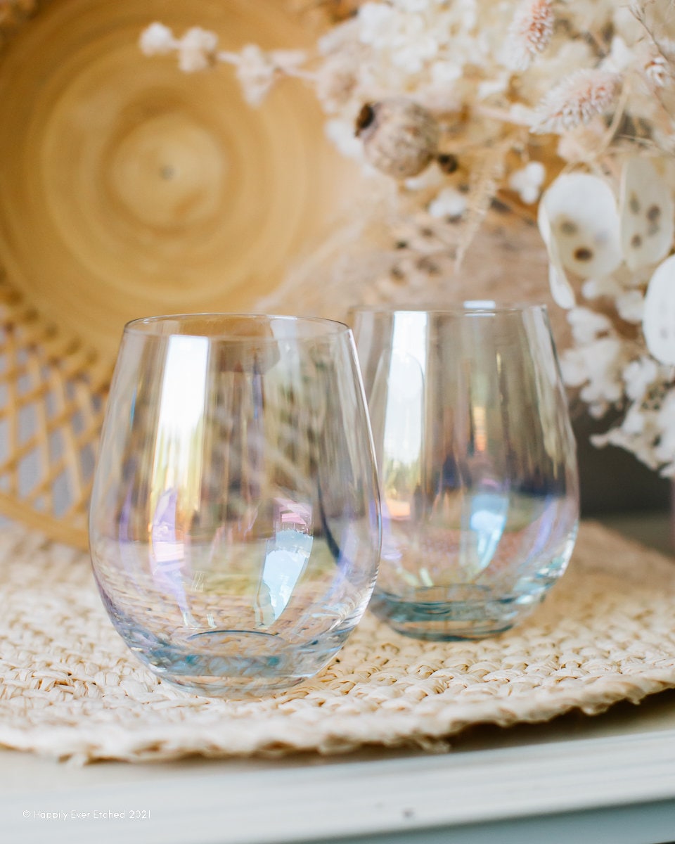 Personalized Luster Stemless Champagne Flutes (2pc), Iridescent