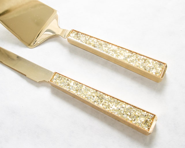 personalized kate spade simply sparkling gold wedding cake knife and