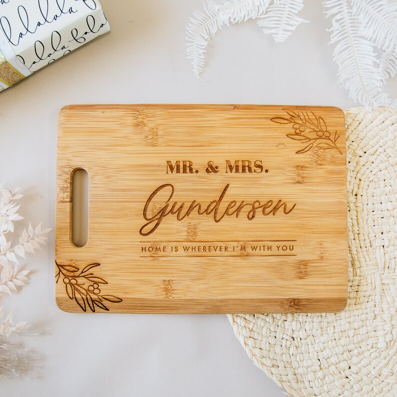 Home Is With You Personalized Cutting Board 14x10 Laser Engraved Bamboo Charcuterie and Cheese Board, Custom Wedding Gift, Engagement Gift afbeelding 5