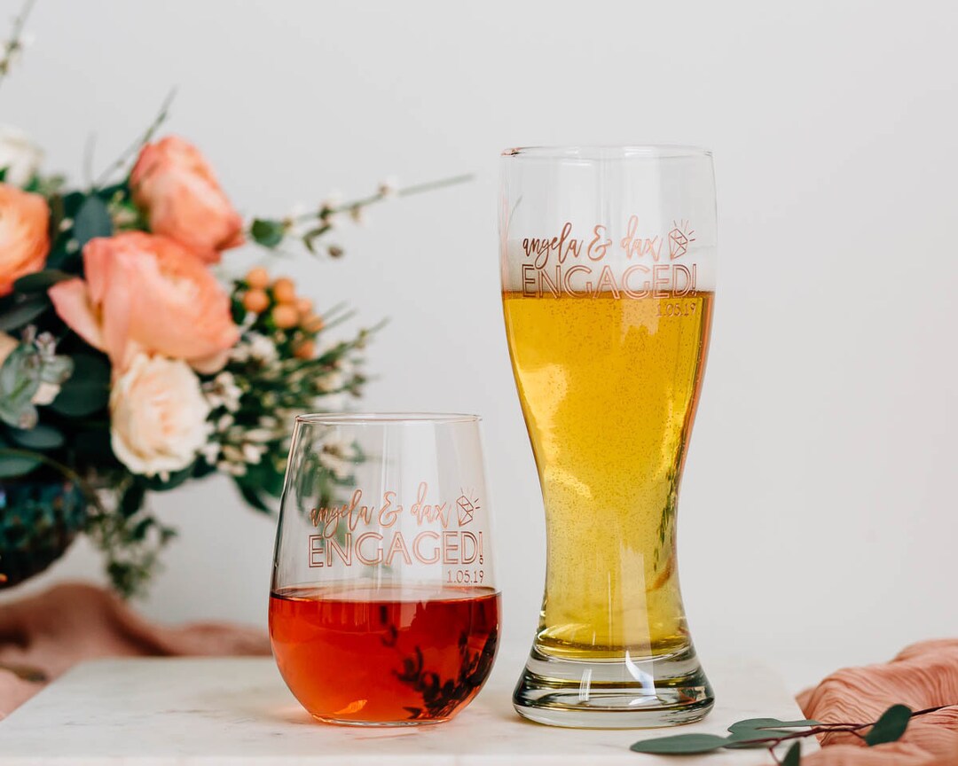 Personalized Beer & Stemless Wine Engagement Glasses set of TWO Custom ...