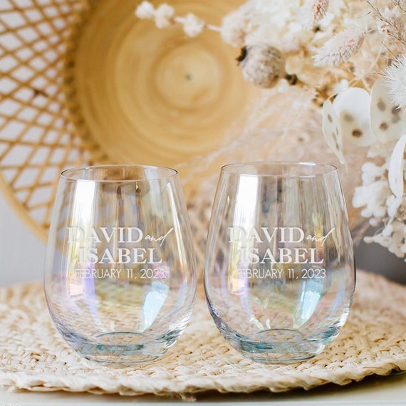 Personalized Luster Stemless Wine Glass set of TWO Custom Engraved  Iridescent Wine Glasses, Wine Set Gift, Couples Anniversary Gift 