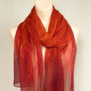 Ombre Crinkle Silk Chiffon Scarf Hand Painted Deep Orange with Deep Red Ends image 1