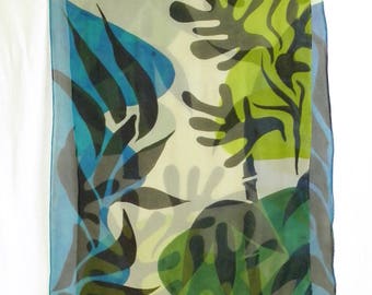 Hand Painted Silk Chiffon Scarf with Tropical Feel! - Manganese Blue, Emerald and Lime