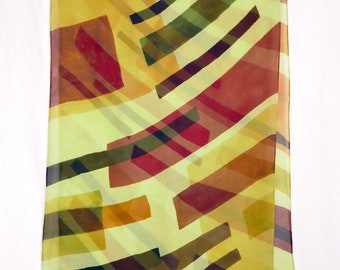 Hand Painted Silk Chiffon Scarf - Diagonal Pattern - Reds, Golds, Rusts and Dark Tones on Acid Green Field