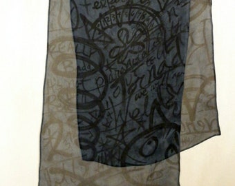 Doodle Scarf - Silk Chiffon - Slate with black doodles