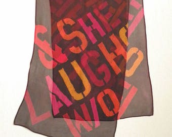 Proverbs 31:25 (partial quote) - Block Text in Red, Fuchsia, Gold on Burgundy - Long Narrow Silk Chiffon Scarf