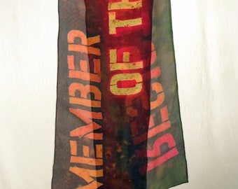 MEMBER of the RESISTANCE - Hand painted silk chiffon scarf in orange, reds and earth tones