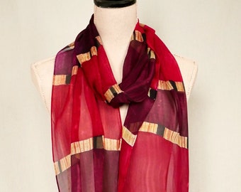 Bamboo Inspired Scarf in Reds - Hand Painted Silk Chiffon Scarf - Long and Skinny