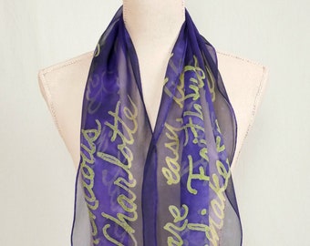 Friendship Quote Scarf - Hand Painted Silk Chiffon - Celery Green Text on Purple