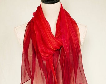 Ombre Crinkle Silk Chiffon Scarf - Hand Painted - Vibrant Streaked Corral to Bronze Red Ombre