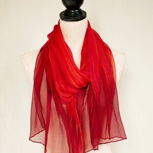 Ombre Crinkle Silk Chiffon Scarf Hand Painted Vibrant Streaked Corral to Bronze Red Ombre image 1