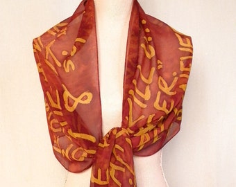 Annoying Platitudes! - Silly Hand Painted X-tra Large Silk Chiffon Scarf - Gold Text on Rust