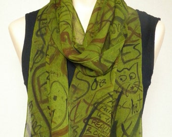 Long Skinny Chiffon Scarf - Brown and slate doodles on golden/olive green background