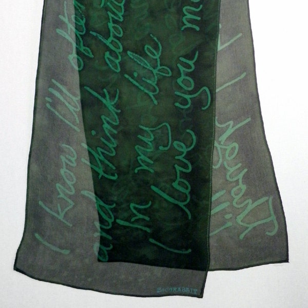 Beatles "In My Life" hand painted silk chiffon scarf in greens