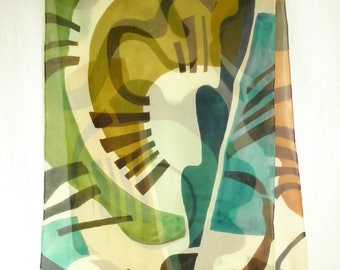 Hand Painted Silk Chiffon Scarf - Floating shapes in teal, mint, lime, gold, rust, navy, dark brown and burgundy