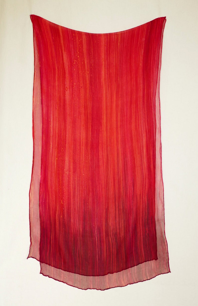 Ombre Crinkle Silk Chiffon Scarf Hand Painted Vibrant Streaked Corral to Bronze Red Ombre image 2