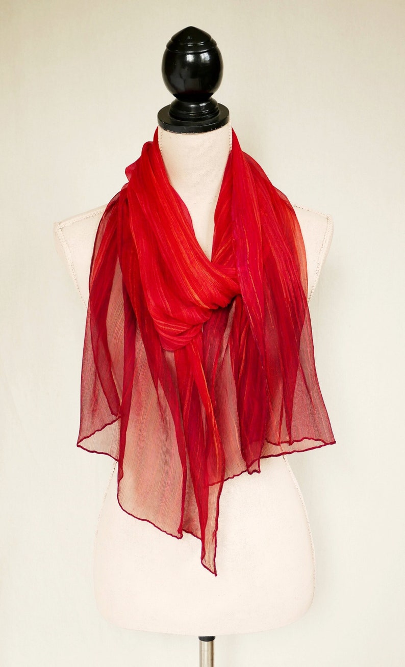 Ombre Crinkle Silk Chiffon Scarf Hand Painted Vibrant Streaked Corral to Bronze Red Ombre image 1