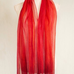 Ombre Crinkle Silk Chiffon Scarf Hand Painted Vibrant Streaked Corral to Bronze Red Ombre image 6