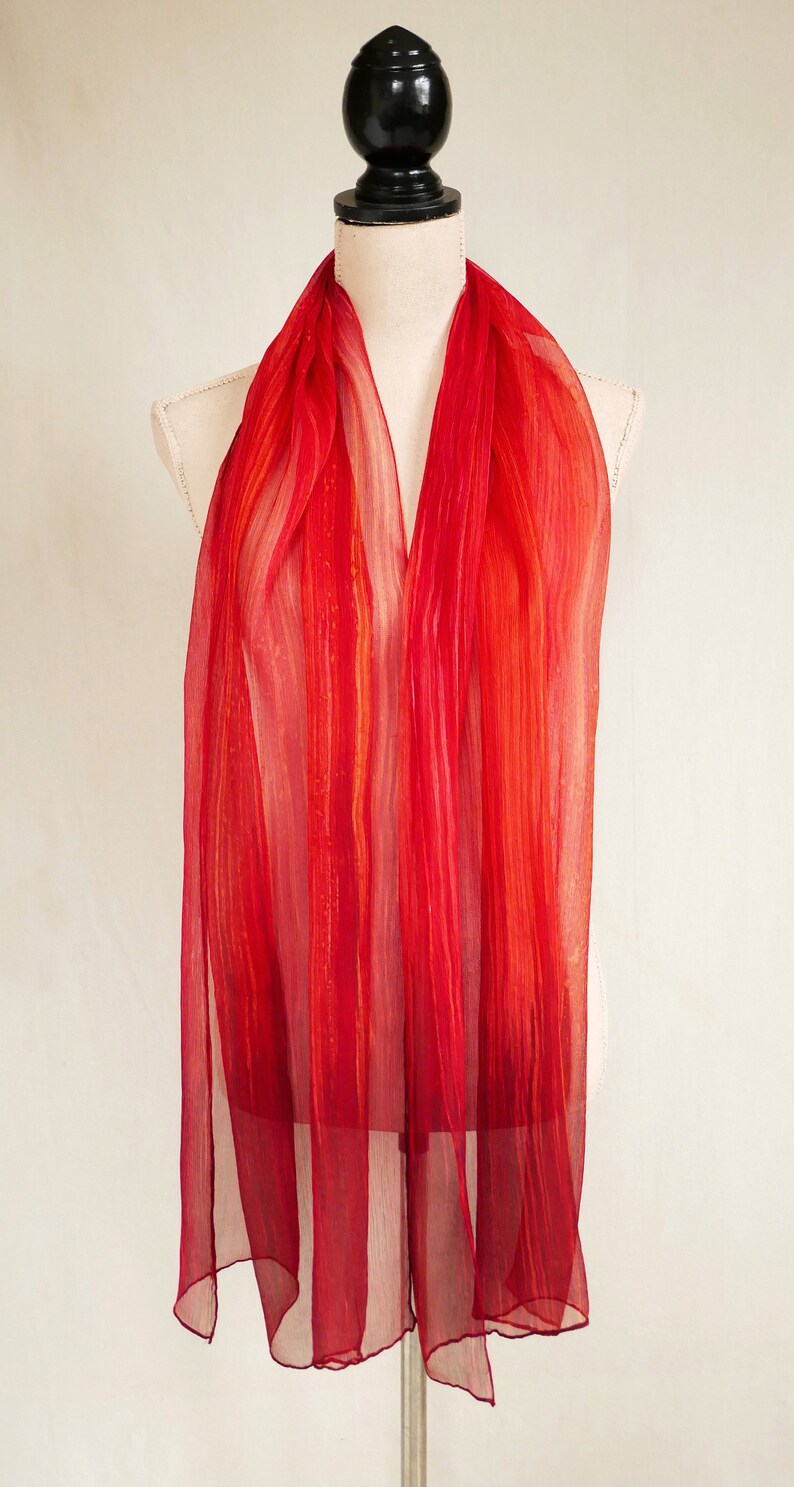 Ombre Crinkle Silk Chiffon Scarf Hand Painted Vibrant Streaked Corral to Bronze Red Ombre image 6