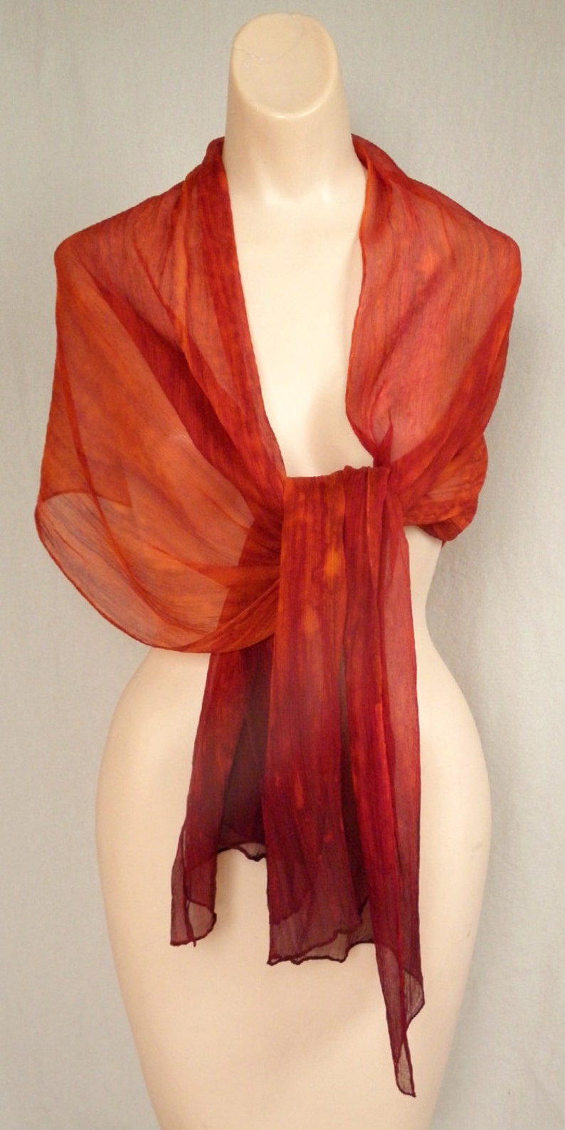 Ombre Crinkle Silk Chiffon Scarf Hand Painted Deep Orange with Deep Red Ends image 2