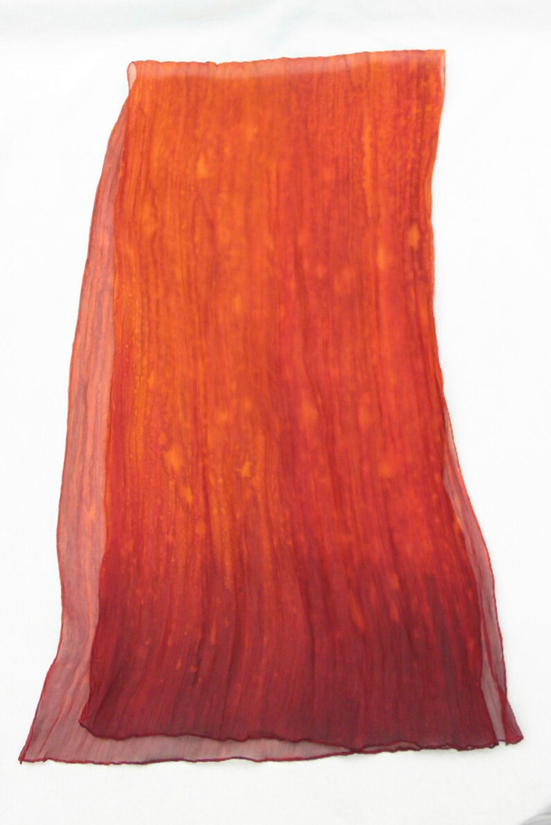 Ombre Crinkle Silk Chiffon Scarf Hand Painted Deep Orange with Deep Red Ends image 3