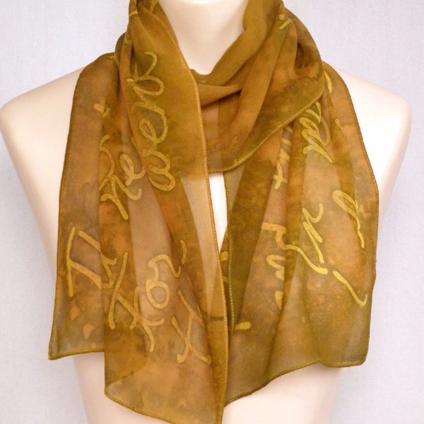 Beatles "In My Life" hand painted silk chiffon scarf in golds - Perfect for your Valentine!