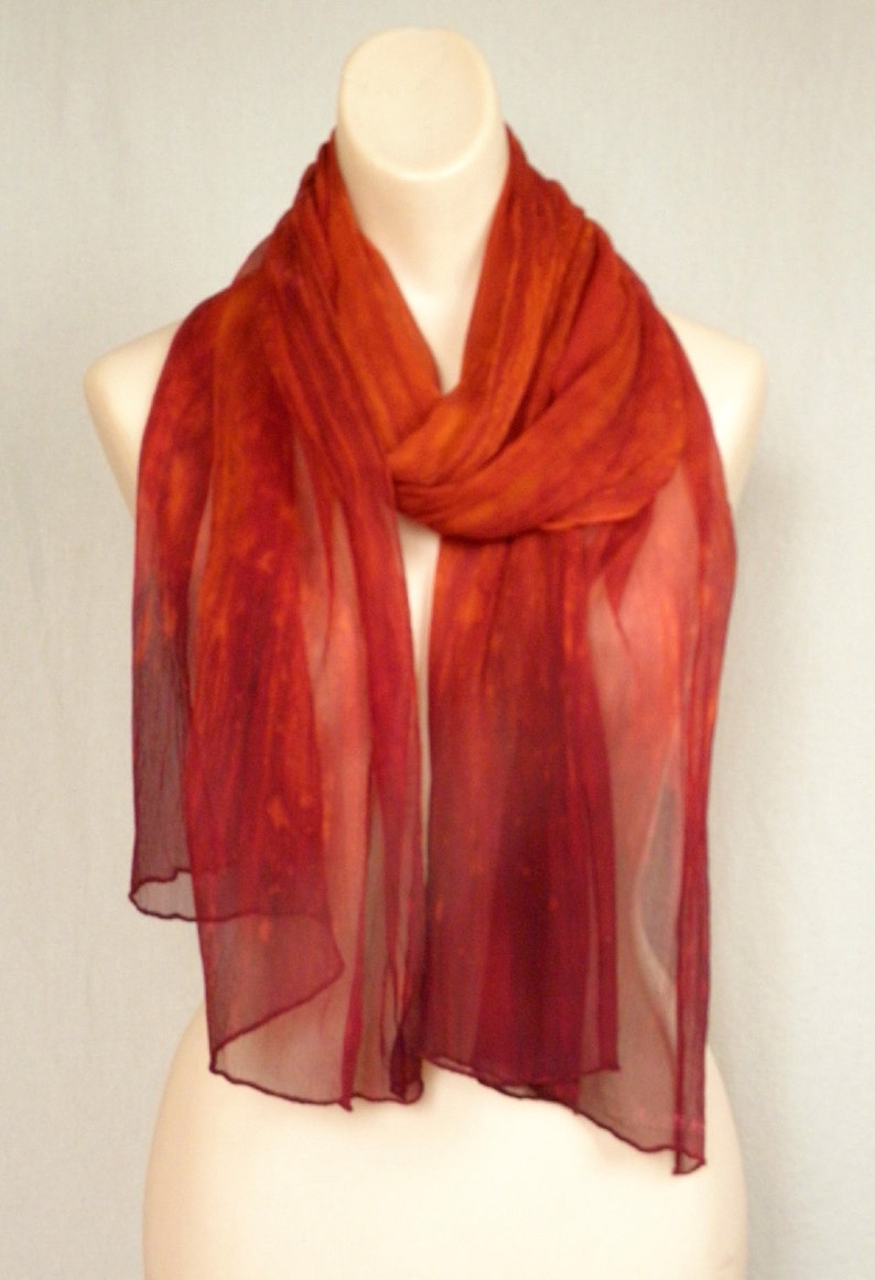 Ombre Crinkle Silk Chiffon Scarf Hand Painted Deep Orange with Deep Red Ends image 1