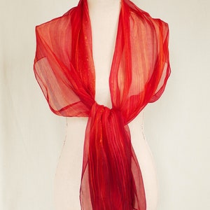 Ombre Crinkle Silk Chiffon Scarf Hand Painted Vibrant Streaked Corral to Bronze Red Ombre image 4