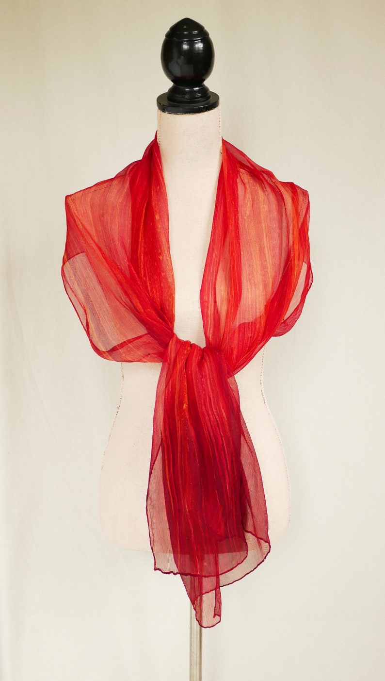 Ombre Crinkle Silk Chiffon Scarf Hand Painted Vibrant Streaked Corral to Bronze Red Ombre image 4