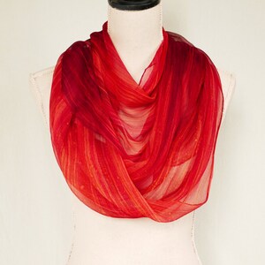 Ombre Crinkle Silk Chiffon Scarf Hand Painted Vibrant Streaked Corral to Bronze Red Ombre image 3