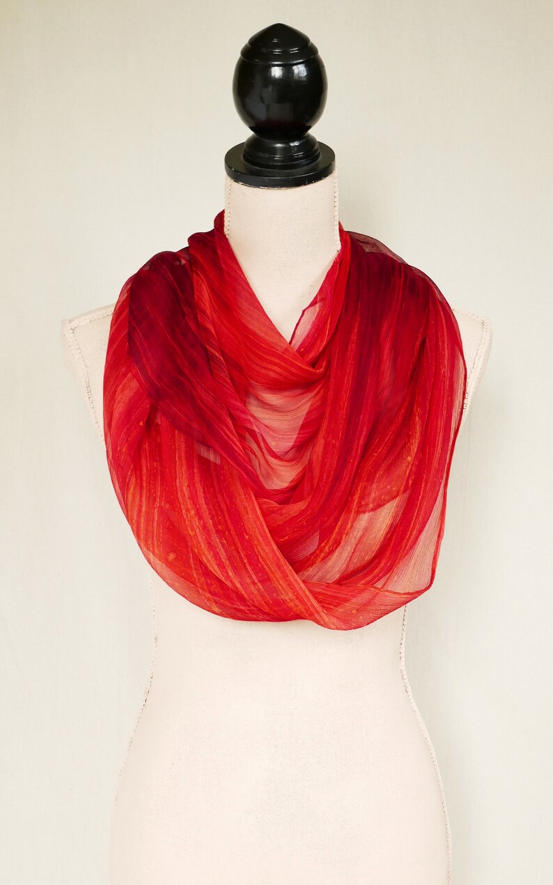 Ombre Crinkle Silk Chiffon Scarf Hand Painted Vibrant Streaked Corral to Bronze Red Ombre image 3