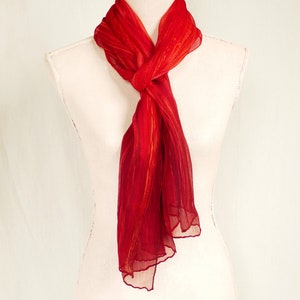 Ombre Crinkle Silk Chiffon Scarf Hand Painted Vibrant Streaked Corral to Bronze Red Ombre image 5