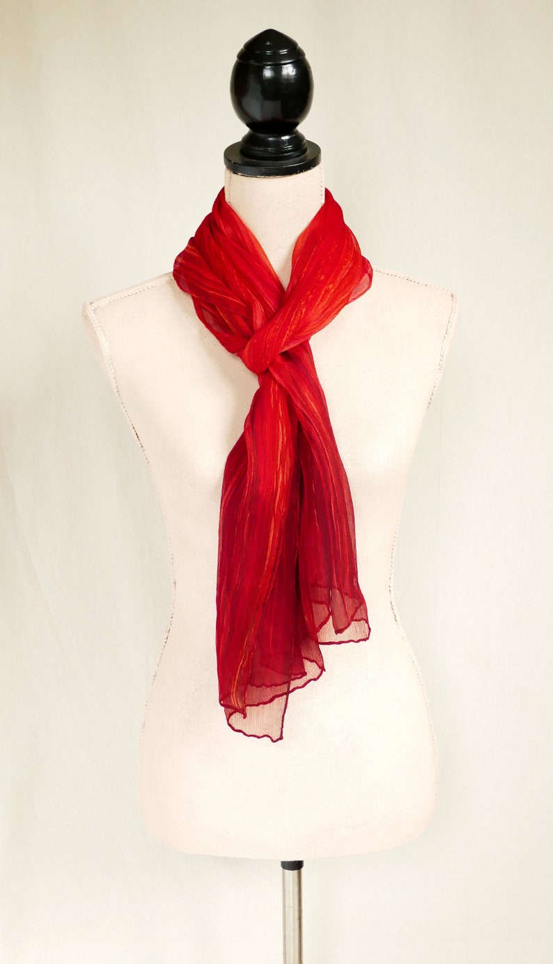 Ombre Crinkle Silk Chiffon Scarf Hand Painted Vibrant Streaked Corral to Bronze Red Ombre image 5