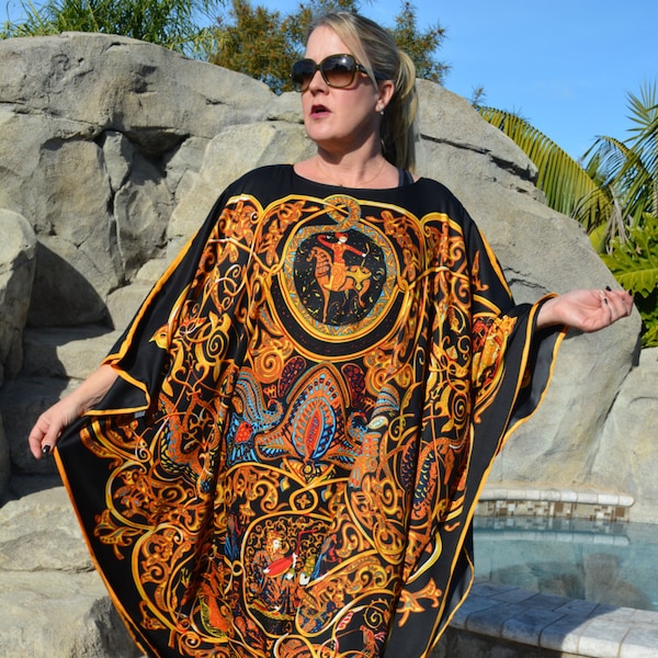 Black and Gold Designer Print Silk Caftan, Womens Silk Kaftan, Silk Beach Coverup, Silk Dress, Long Silk Dress,