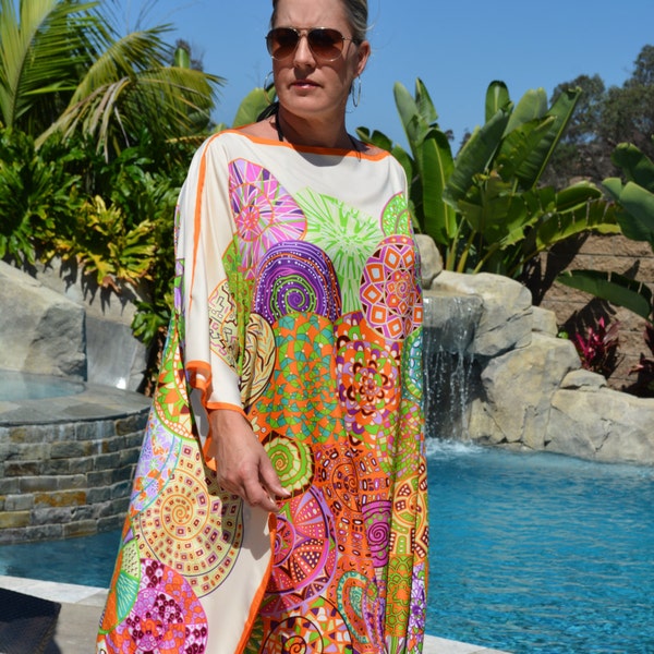 Womens Full Length Silk Caftan, Womens silk Kaftan,  Silk Beach Coverup, Silk Dress, Silk Robe, Resort Wear