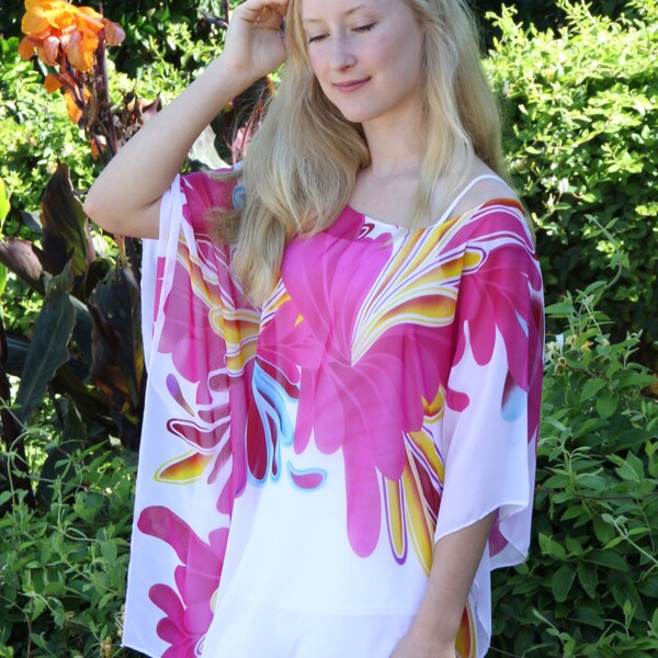 Beach Coverup, Tropical Pink and Wlhite  Coverup,   Swimsuit Coverup,  Caftan