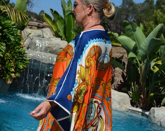 Designer Print Silk Caftan,  Womens Silk Kaftan, Silk Dress, Silk Beach Coverup, Long Silk Caftan
