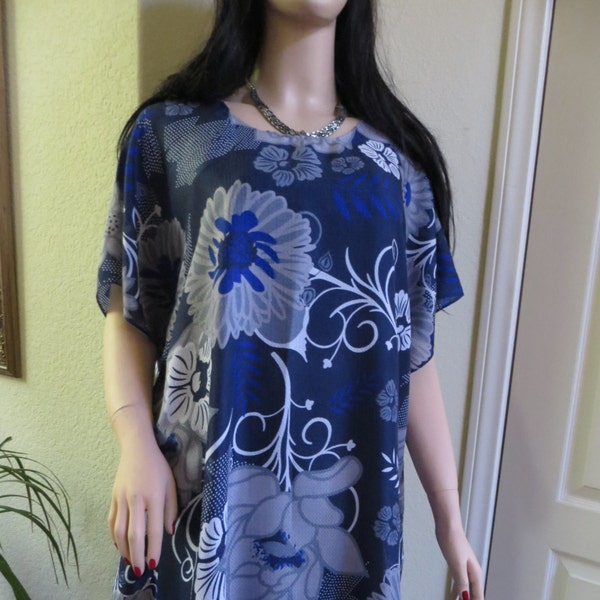 Blue Tropical Look Coverup, Womens Tunic, Summer Blouse, Blue Tropical Caftan, Swimsuit Coverup, Beach Dress