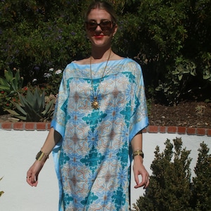 Mediterranean Print Womens Tunic  Turquoise Tunic Coverup Dresses Turquoise Dress Womens Caftans Kaftans Resort Wear