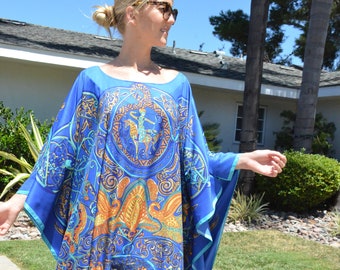 Blue Silk Caftan Dress, Designer Animal Print, Resort Wear