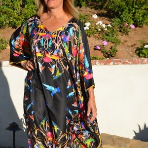 Colorful Birds Black Silk Kaftan Womens Silk Caftan Silk Dress Black Caftan Long Silk Caftan Resort Wear Lounge Wear Beach Dress