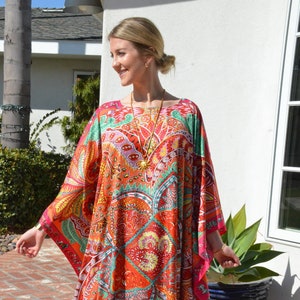 Designer Print Silk Caftan,  Womens Silk Kaftan, Silk Dress, Silk Beach Coverup, Long Silk Caftan Lounge wear Long silk dress