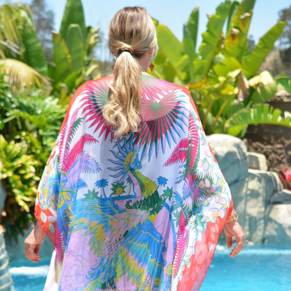 Fanciful Print Silk Blend Caftan, Womens Silk Kaftans, Beach Coverup, Maxi  Dress, Plus Size