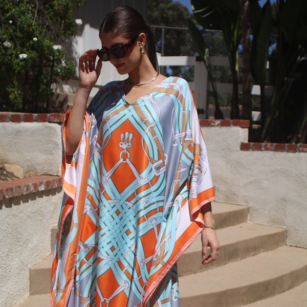 Geometrischer Druck Seidenkaftan Damen Seidenkaftan Lange Kaftan Lange Kleider Lounge Wear Strandvertuschung