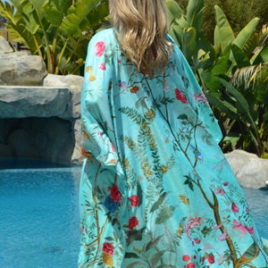 Designer Print Silk Caftan Aqua Blue Silk Caftan, Full Length Silk ...