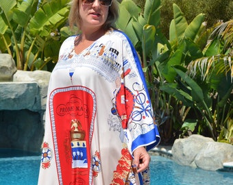 Designer Print Silk Caftan,  Womens Silk Kaftan, Long Caftan, Silk Dress, Long Silk Beach Coverup, Womens Kaftans, Dresses, Resort Wear