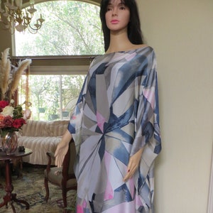 Blue Abstract Silk Coverup Womens Silk Caftan Silk Tunic Beach Dress Swimsuit Coverup