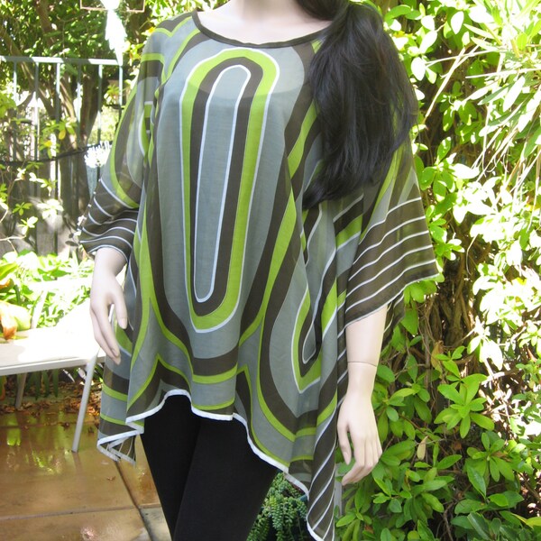 Gray and Chartreuse, Geometric Print Silk  Tunic,  Womens Coverup, Silk Blouse, Plus Size
